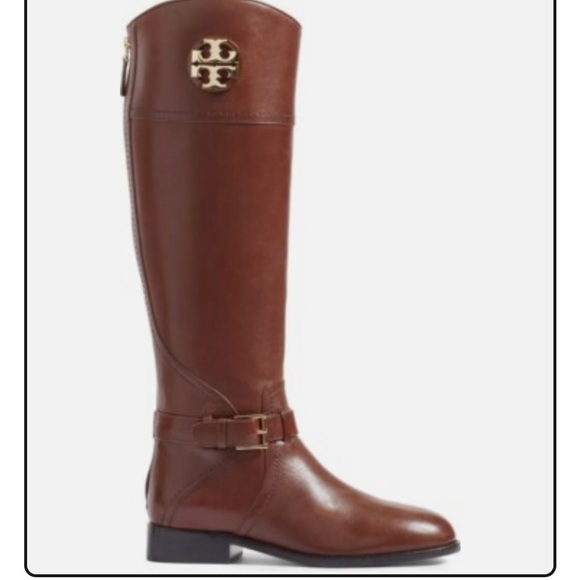 Tory Burch Chestnut Brown Leather Knee Boots with Gold Logo - Picture 2 of 11